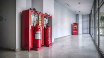 Fire extinguisher cabinet in the hall of office building for preparing to prevent fire. Generative AI photo