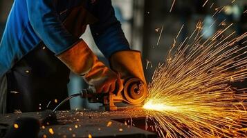 Worker using an angle grinder and proyecting sparks. Generative AI photo