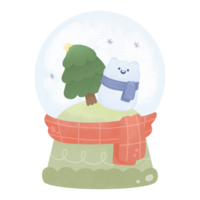 schattig gelukkig kat glimlach met blauw sjaal wit sneeuw en boom in sneeuwbal voor winter nieuw jaar en Kerstmis waterverf tekenfilm stijl png