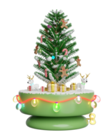 3d musical box with christmas tree, deer, gift box, glass transparent lamp garlands. merry christmas and happy new year, 3d render illustration png