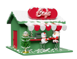 3d store front coffee shop with snowman, santa claus, christmas tree, chair. startup franchise business, merry christmas and happy new year, 3d illustration render png