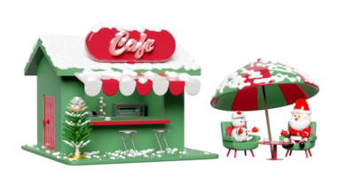 3d store front coffee shop with snowman, santa claus, christmas tree, sofa chair, umbrella. startup franchise business, merry christmas and happy new year, 3d illustration render png