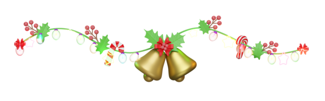 Decorated with Jingle bell, candy cane, red bow, holly berry leaves, clear glass lantern garlands, star. merry christmas and happy new year, 3d render illustration png