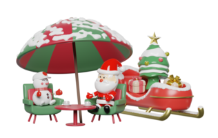 3d santa claus with snowman, christmas tree, sofa chair, umbrella, christmas tree, gift box.  merry christmas and happy new year, 3d illustration render png