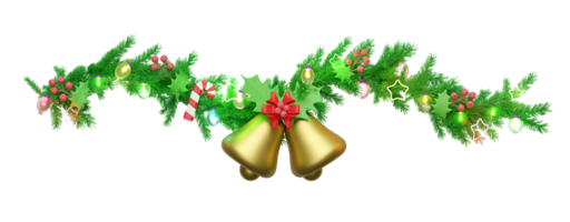 Decorated with branches of pine trees, Jingle bell, candy cane, red bow, holly berry leaves, clear glass lantern garlands, star. merry christmas and happy new year, 3d render illustration png