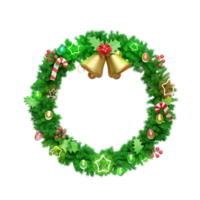 wreath with decorated branches of pine trees, Jingle bell, candy cane, red bow, holly berry leaves, clear glass lantern garlands, star. merry christmas and happy new year, 3d render illustration png