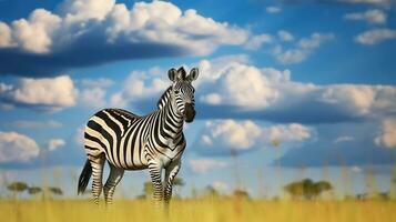 salvaje cebra abraza el verde prado debajo dramático cielo, fauna silvestre naturaleza. generativo ai foto