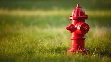 Bright red isolated fire hydrant sits in a freshly cut grass field, Generative AI photo