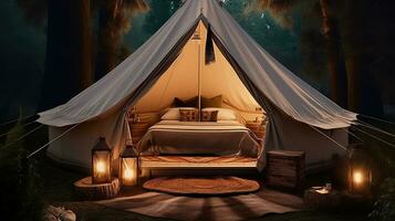 Indulging in an Ultra-Realistic, Luxurious Glamping Bell Tent Getaway. Generative AI photo