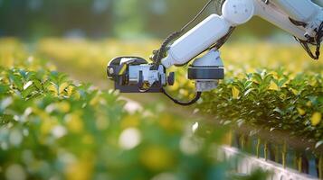 Smart robot farmers working on plantation, picking plants with robotic arms, future agriculture. Generative AI photo