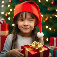 Happy kid with a christmas gift boxes with a decorated christmas tree in a room - Generated image photo