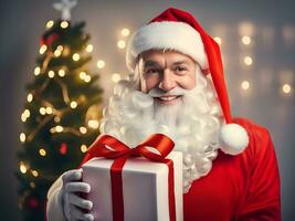Santa claus with a present gift box in the room with christmas tree background - Generated image photo