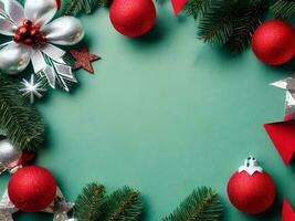 Blank green Christmas background with decoration objects around  - Generated image photo