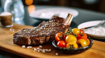 Tasty grilled ribeye beef steak with grains of salt and bright red and yellow tomatoes on served table. Generative AI photo