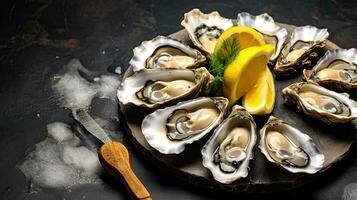 Raw oysters on a round stone Board with lemon, On dark rustic background, Generaive AI photo