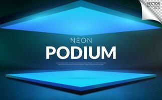 Square podium with blue neon light on studio background, backdrop for display product on sale. Vector illustration