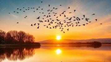 silueta de aves volador encima el lago a increíble atardecer, generativo ai foto