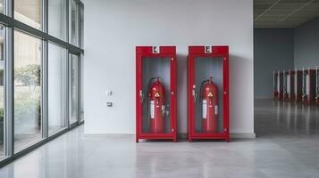 Fire extinguisher cabinet in the hall of office building for preparing to prevent fire, fire extinguisher equipment for protection. Generative AI photo