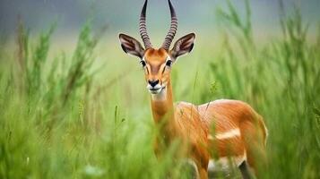 Kob antelope in the green vegetation during the rain, Cute antelope in the nature habitat, wildlife. Generative AI photo