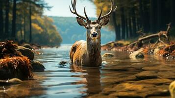 agraciado reflexiones, un majestuoso ciervo en medio de el aguas generativo ai foto
