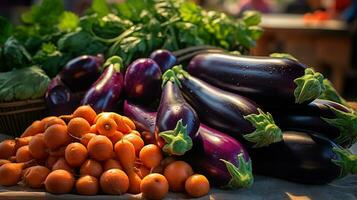 Fresh Eggplant and Carrots at the Farmer's Market, A Delicious Food Shopping Experience. Generative AI photo