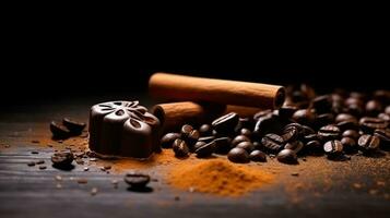 Bonbon, broken chocolate and coffee beans with cinnamon and anise on dark black background. Generative AI photo