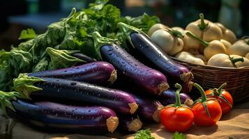 Farm-to-Table Delights, Crisp Eggplant and Carrots at the Market Stall. Generative AI photo