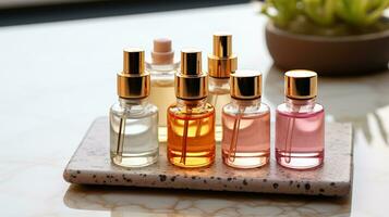 Skin care essence glass bottles on marble cosmetic tray on light background. Vitamins for skin. Cosmetic concept. Generative AI photo