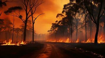 furioso llamas, desatando destrucción mediante bosque incendios generativo ai foto