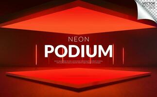 Square podium red neon light with red fluorescent tube on studio background, backdrop for display product on sale. Vector illustration