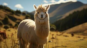 un contento mullido alpaca en medio de el sereno rural prado. generativo ai foto