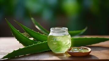 A Close-Up View of Aloe Vera on Wood Table. Generative AI photo