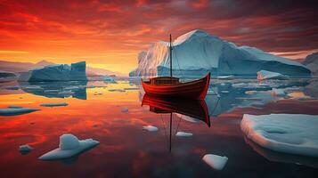 Serenity of Icebergs and Red Boat at Sunset. Generative AI photo