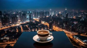 Coffee in the night on the top of a skyscraper over the city, beautiful night city skyline, Generative AI photo