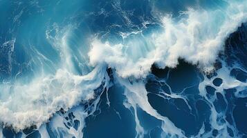 Spectacular aerial top view background photo of ocean sea water white wave splashing in the deep sea. Drone photo backdrop of sea wave in bird eye waves. Generative AI