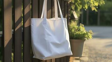 A White Linen Tote Bag Perched on a Wooden Fence. Generative AI photo