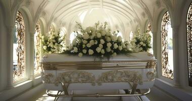 Eternal Rest. The Serene Beauty of a White Casket Before the Final Committal. Generative AI photo