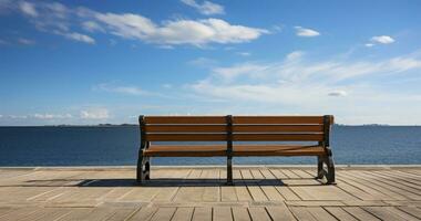 The Serenity of an Unoccupied Bench on the Pier with a calm ocean in the background. Generative AI photo