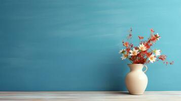 Wooden table with bouquet of flowers in vase on blue background, copy space, AI Generated photo