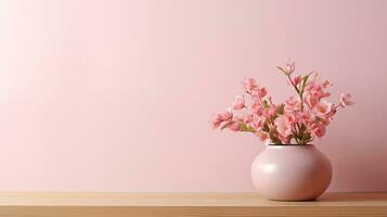 Wooden table with bouquet of flowers in vase on pink background, copy space, AI Generated photo