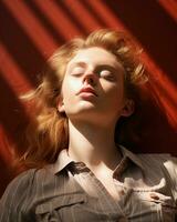 Portrait of young red hair female model looking rays light shadow overlay on her face, calm emotional expression, AI Generated photo