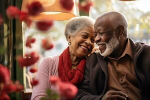 sano africano americano mayor Pareja sonriente contento y abrazando juntos, amor y relación concepto, ai generado foto