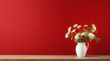 Wooden table with bouquet of flowers in vase on red background, copy space, AI Generated photo
