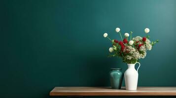 Wooden table with bouquet of flowers in vase on green background, copy space, AI Generated photo