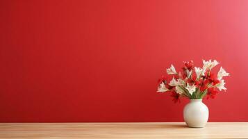 de madera mesa con ramo de flores de flores en florero en rojo fondo, Copiar espacio, ai generado foto