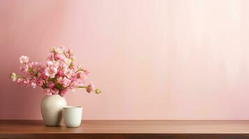 Wooden table with bouquet of flowers in vase on pink background, copy space, AI Generated photo