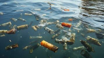 el flotante huella de el plastico contaminación. generativo ai foto