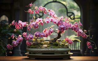 Nature's Exquisites. Showcasing the Elegance of Orchids and Artistry of Bonsai. Generative AI photo