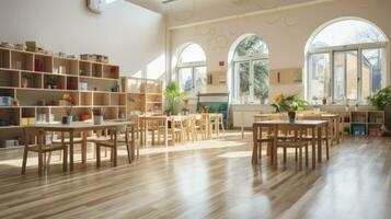 Empty modern preschool classroom. Generative AI photo