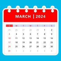 March 2024 calendar. Sunday start. Vector design